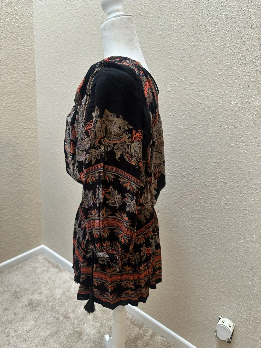 Free People Cinched Balloon Sleeve Mini Dress Black Whimsigoth Floral Sz M Boho